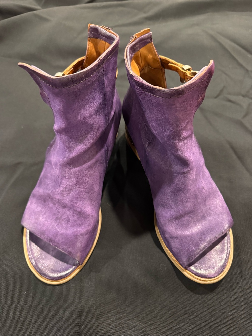 Show stopping A.S.98 Purple Leather Open-Toe Ankle Booties with Low Heel.